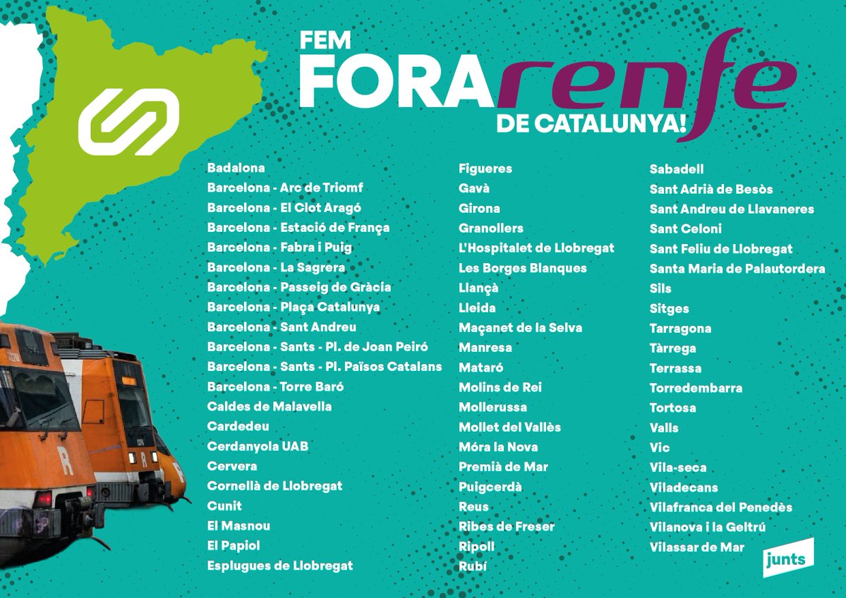 Avui som a 63 estacions de tot el país.

FEM FORA RENFE DE CATALUNYA.