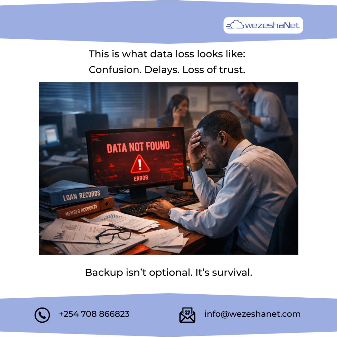 WezeshaNet's tweet photo. A SACCO lost all loan repayment records after a hack. 

No backups = stalled operations, disputes, lost trust &amp; revenue.

At Wezeshanet, we secure your data so one incident doesn’t erase years of progress. 🔒
#DataBackup #SACCO #CyberSecurity https://t.co/yfGWkjDyrO