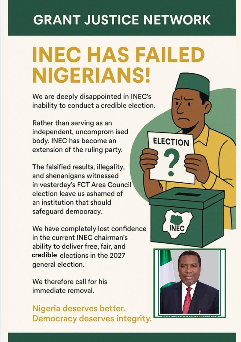 DecideGrant2025's tweet photo. 🚨 INEC has failed Nigerians.
The FCT Area Council election was a sham—rigging, vote buying, falsified results. We demand the immediate removal of the INEC chairman.
Democracy deserves integrity. #INECFailedUs
@inecnigeria @IntlCrimCourt @UNGeneva @EU_Commission @realDonaldTrump https://t.co/EmyVhkQFQq