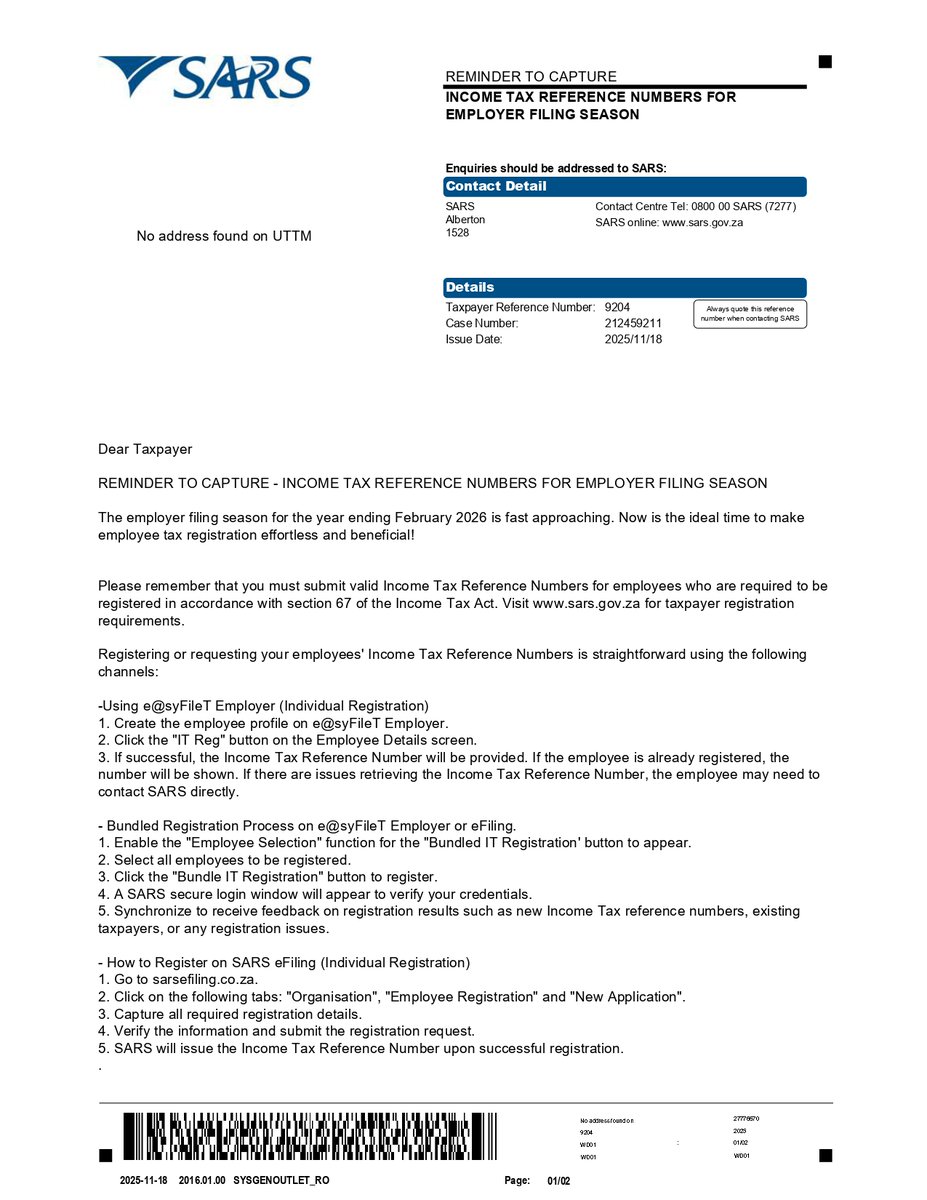 SAPayroll's tweet photo. Kindly find attached examples of the system generated stakeholder letters that will be sent out to inform the employers (compliant and not compliant yet) about the mandatory submission of income tax reference numbers and the different platforms to register for income tax. https://t.co/saJSmKEk68