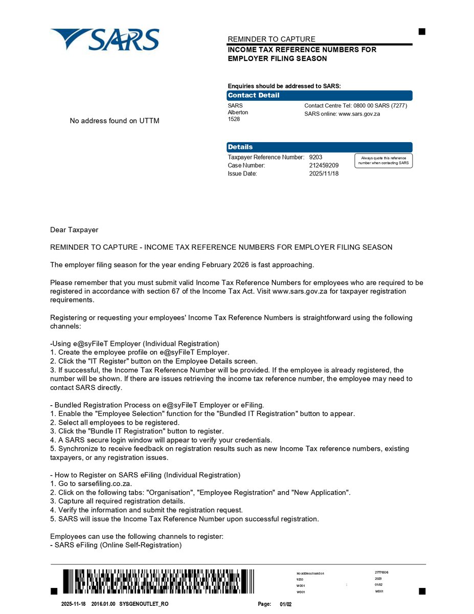 SAPayroll's tweet photo. Kindly find attached examples of the system generated stakeholder letters that will be sent out to inform the employers (compliant and not compliant yet) about the mandatory submission of income tax reference numbers and the different platforms to register for income tax. https://t.co/saJSmKEk68