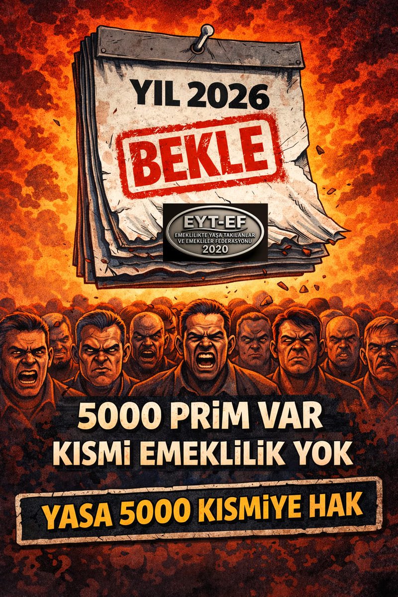 EYT
👇
#Yasa5000KısmiyeHAK

35 ayı aşan bekleyişle;
Maaşsız bırakılan hayatlar !

5000 Kısmi;
Doğrudan bir HAK meselesidir.

Devlet, verdiği sözü tutmalıdır ! 

Yasa eksiktir !
Adalet yarımdır !
Bu eksiklik derhal giderilmelidir !

#EmekliyeintibakHAK
<a href="/RTErdogan/">Recep Tayyip Erdoğan</a>
<a href="/isikhanvedat/">Prof. Dr. Vedat Işıkhan</a>