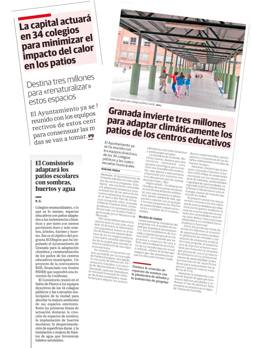 marifrangr's tweet image. Impulsamos el proyecto “ECOlegios” 3M€ para renaturalizar patios en 38 centros educativos 🌿🏫.
Más sombras, arbolado y huertos para una Granada más verde con la Convocatoria #EDIL🇪🇺