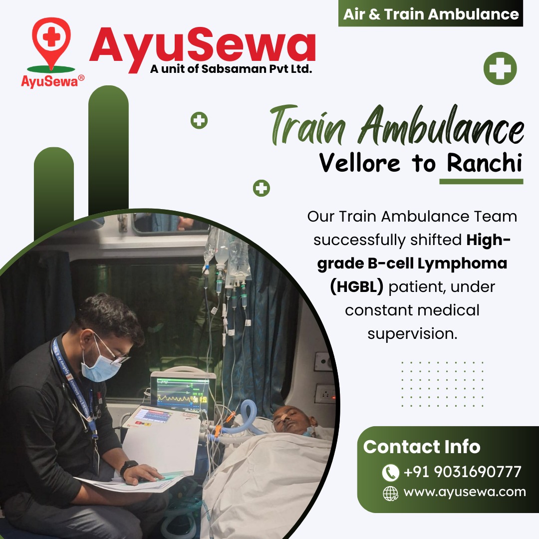 ayusewa's tweet photo. Our Train Ambulance Team ensured the safe shifting of a patient suffering from High Grade B-Cell Lymphoma from #Vellore to #Ranchi.

Contact Us: 9031690777
Website: https://t.co/LQcZRNFYNN

#VelloreToRanchi #TrainAmbulance #AyuSewaTeam #EmergencyCare #PatientCare https://t.co/57LdFJnZC1