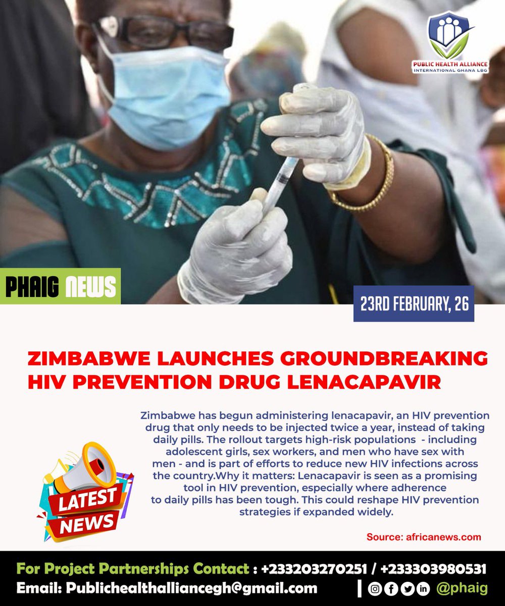 Phaig_Health's tweet photo. Zimbabwe launches Lenacapavir, a twice-yearly HIV prevention injection targeting high-risk populations.

This innovation could transform adherence and reshape HIV prevention strategies across Africa.

A major milestone in the fight against HIV.

#PublicHealth #HIVPrevention https://t.co/iccFfise9o