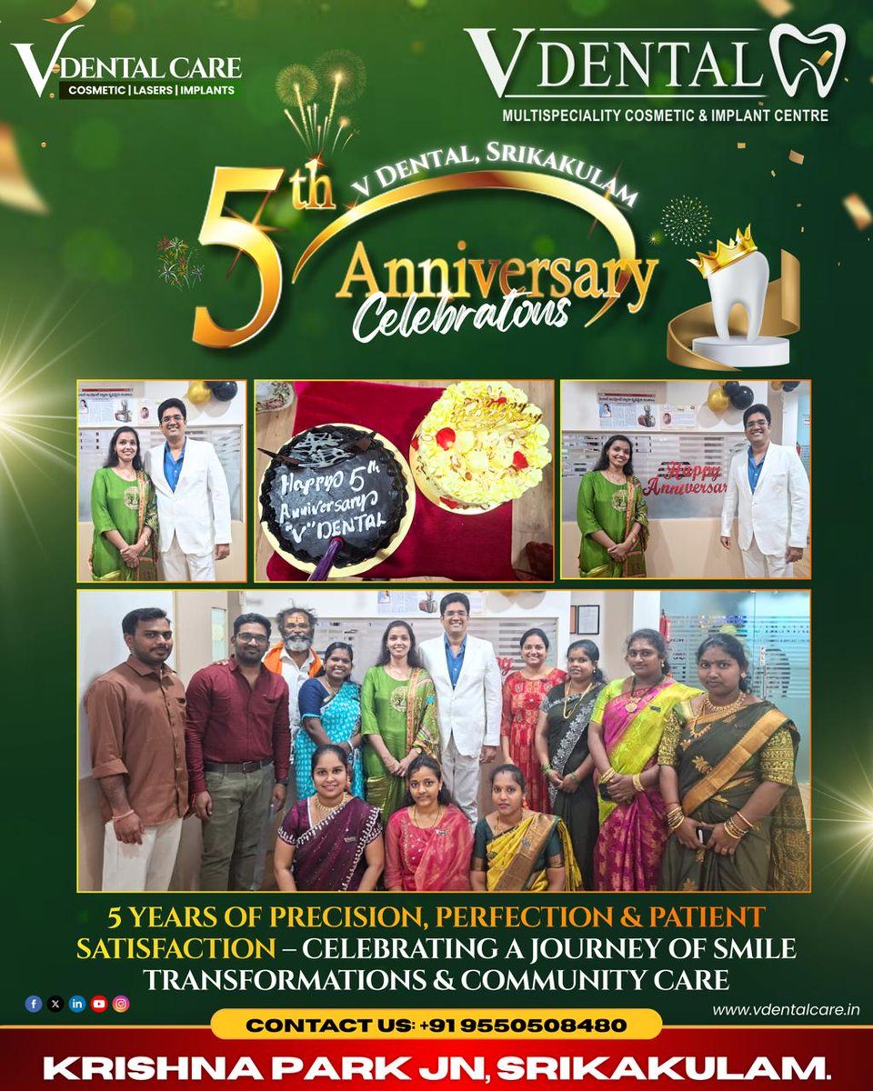 vdentalhospital's tweet photo. 🎉 Celebrating 5 Years of Smiles — V Dental Srikakulam 🎉
✨ 5 Years of Precision, Perfection & Patient Satisfaction ✨
📞 Contact: +91 95505 08480
🌐 https://t.co/ZG5Fnf46M6
#VDental #5YearsCelebration #DentalAnniversary #SmileTransformations #DentalCare #CosmeticDentistry https://t.co/o2faSzn7jq