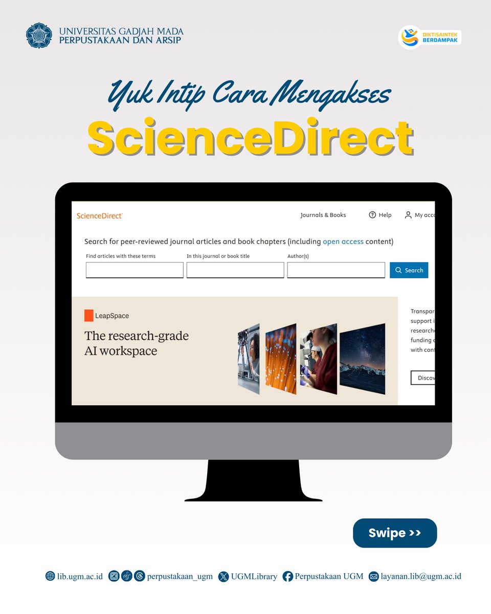 UGMLibrary's tweet photo. ScienceDirect adalah pangkalan data yang berisi jurnal dan buku elektronik dalam berbagai disiplin ilmu yang disediakan Elsevier.
Ingin akses ScienceDirect? Simak postingan berikut ini, ya!
#SeninDatabase
#PerpustakaanUGM
#ScienceDirect https://t.co/fJP7mC0yTt