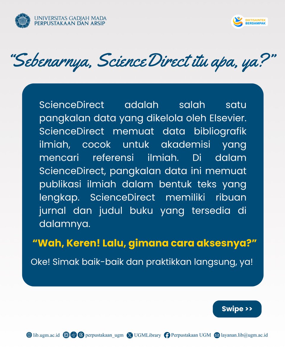 UGMLibrary's tweet photo. ScienceDirect adalah pangkalan data yang berisi jurnal dan buku elektronik dalam berbagai disiplin ilmu yang disediakan Elsevier.
Ingin akses ScienceDirect? Simak postingan berikut ini, ya!
#SeninDatabase
#PerpustakaanUGM
#ScienceDirect https://t.co/fJP7mC0yTt