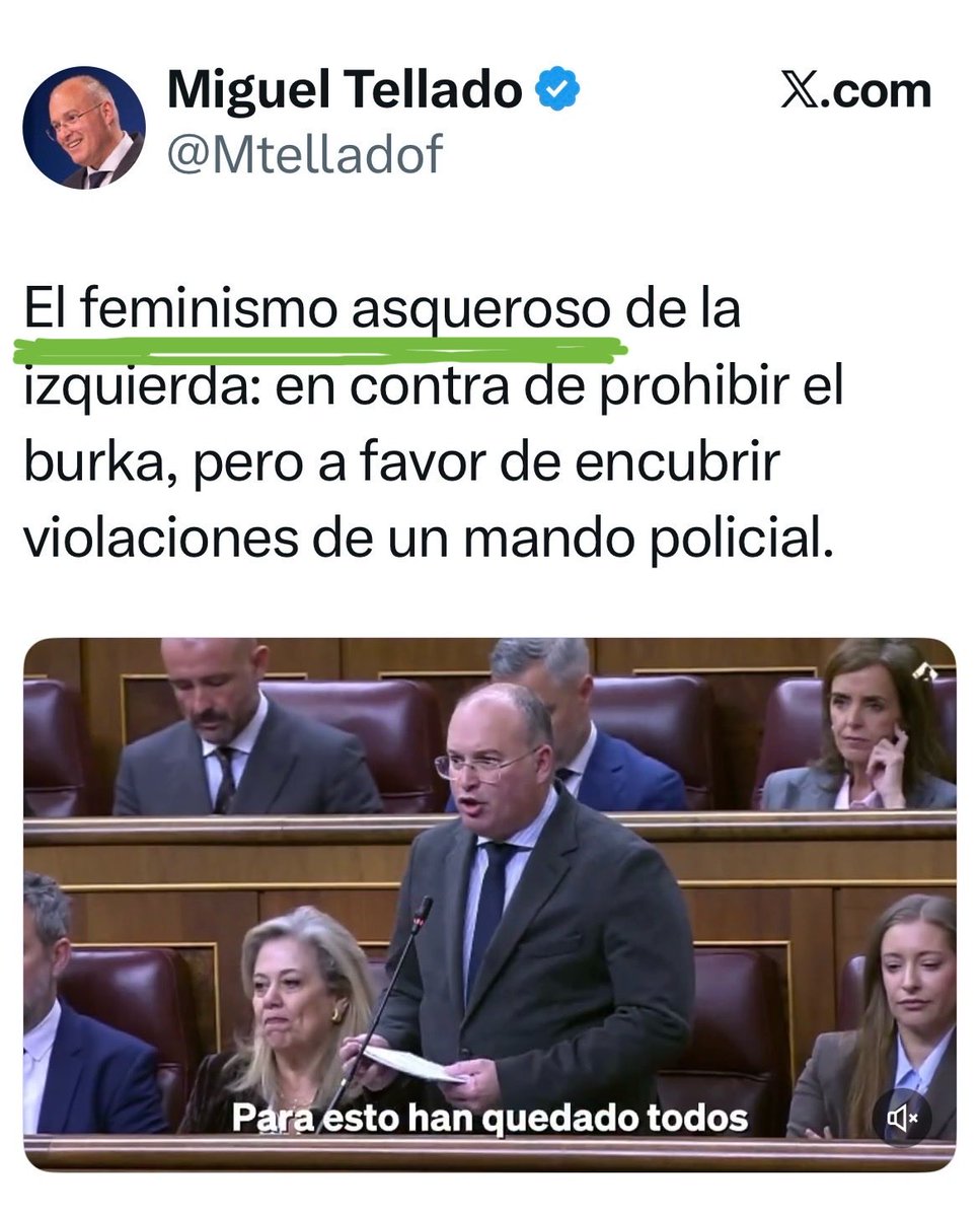 “Feminismo asqueroso” 
El número dos del PP, Miguel Tellado, sobrepasa todos los límites, no solo de la indecencia, también de la chabacanería política. 
Un prototipo PP, cuyo único mérito es presumir de falta de conocimientos, escrúpulos y sobre todo ética. 
Y se cree ingenioso.