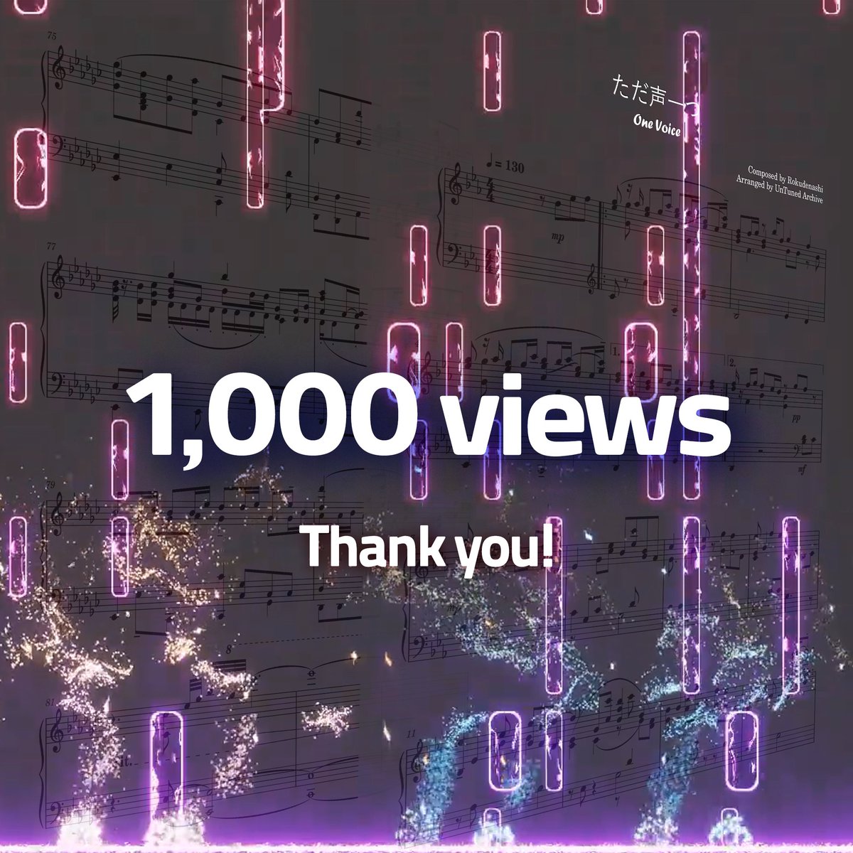 UntunedArchive's tweet photo. ただ声一つ ／One Voice

1000 views!!🎉

原曲：Rokudenashi @Rokudenashi_nzn
編曲：UnTuned Archive 

「ただ声一つ」ピアノアレンジが1000回再生を突破しました！
こんなに再生していただけるとは思っていませんでした！

Full▼
【https://t.co/gXKDKMtC0z】

#ただ声一つ #ピアノ #ロクデナシ https://t.co/qBwCiPoQax
