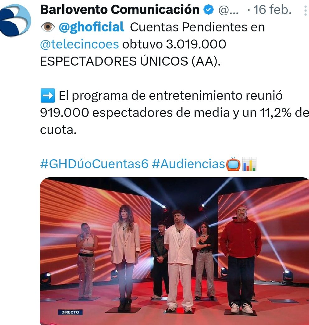 Han pasado de un 11,2% el domingo pasado a un 9,5% ayer. 

Y eso que mucha gente ayer volvió a ver los por Cristina... Ese viene mega batacazo el martes y el jueves. 

Pues que se j0dan. 
Que aprendan que con la audiencia no se juega. 🖕
#Piaget23F