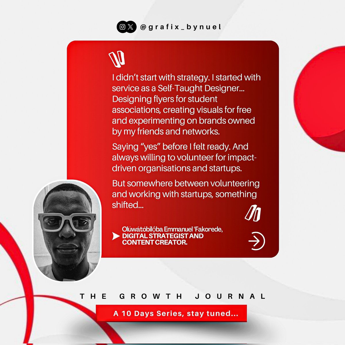 thenuelfakorede's tweet image. From being just a Volunteer Designer to Digital Strategist. Levels were not skipped, I grew through them.. This is not just a career shift. It’s a mindset shift.

WELCOME TO THE GROWTH JOURNAL!
A 10 Days Series.. Stay Tuned!!!

#TheGrowthJournal #DigitalStrategist #grafix_bynuel