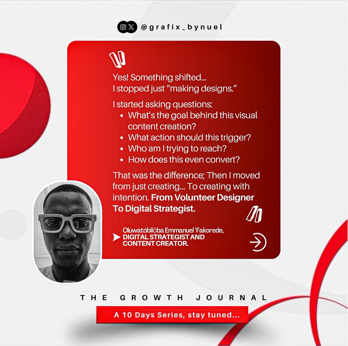 thenuelfakorede's tweet image. From being just a Volunteer Designer to Digital Strategist. Levels were not skipped, I grew through them.. This is not just a career shift. It’s a mindset shift.

WELCOME TO THE GROWTH JOURNAL!
A 10 Days Series.. Stay Tuned!!!

#TheGrowthJournal #DigitalStrategist #grafix_bynuel