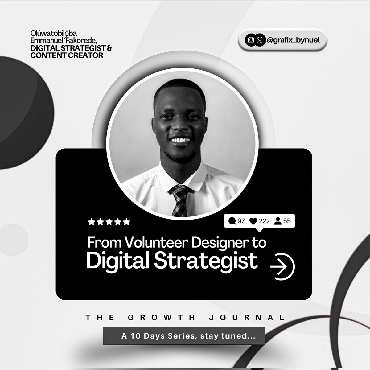 thenuelfakorede's tweet image. From being just a Volunteer Designer to Digital Strategist. Levels were not skipped, I grew through them.. This is not just a career shift. It’s a mindset shift.

WELCOME TO THE GROWTH JOURNAL!
A 10 Days Series.. Stay Tuned!!!

#TheGrowthJournal #DigitalStrategist #grafix_bynuel