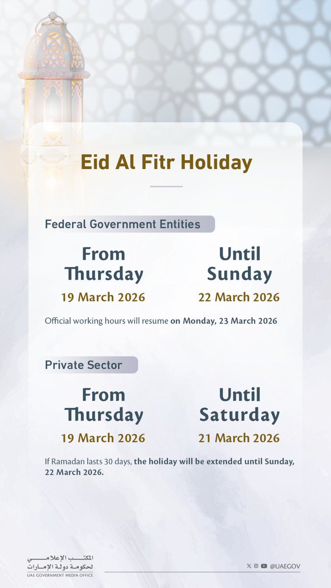 UAEmediaoffice's tweet photo. The Federal Authority for Government Human Resources and the Ministry of Human Resources and Emiratisation announce the Eid Al Fitr holiday for employees in federal government entities and the private sector. https://t.co/2OaZ5ccYYc