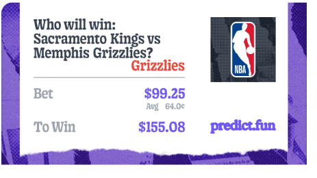 daisugemu's tweet photo. I just took a position on @predictdotfun.

Sacramento Kings vs Memphis Grizzlies

Memphis Grizzlies - WIN

 https://t.co/wEYDAh306f https://t.co/vxHhg0cb9a