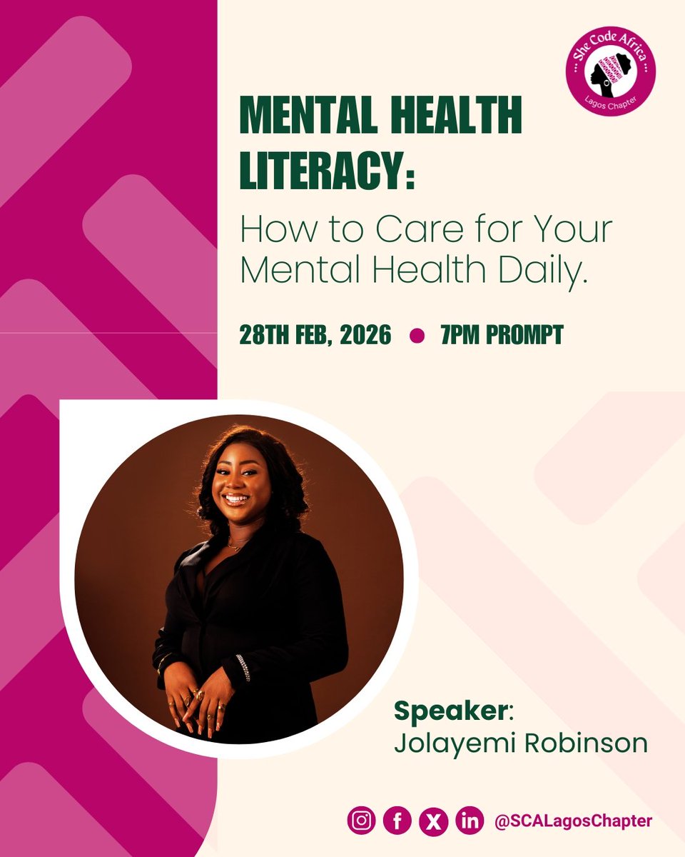 Happy Monday Queens 🩷

New week.

 Fresh goals.
As you chase your 2026 plans, don’t forget your mental health matters too. Motivation is good, burnout is not.

Join our Mental Health Awareness Conversation with Jolayemi Robinson.

Register: docs.google.com/forms/d/e/1FAI…�