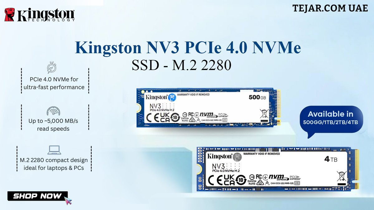 TejarUAE's tweet image. Blazing PCIe 4.0 speeds ⚡💾
4TB power with Kingston NV3 NVMe SSD.
Upgrade your setup today. 🚀
Available at Tejar.

#TejarUAE #KingstonNV3 #NVMeSSD #PCIe4 #PCUpgrade #GamingSetupUAE #UAETech #4TBStorage #SSDUpgrade