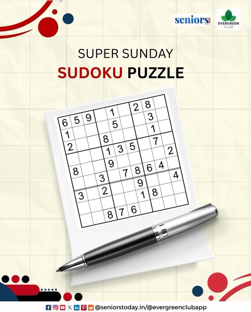 Sundays are for light play and sharper minds. Take a moment to unwind with this Sunday Sudoku puzzle and let your thoughts flow freely

#sudokuchallenge #sudoku #sudokupuzzles #supersunday #sundayfunday #puzzlefortoday #puzzleforseniors #EvergreenClub #seniorstoday