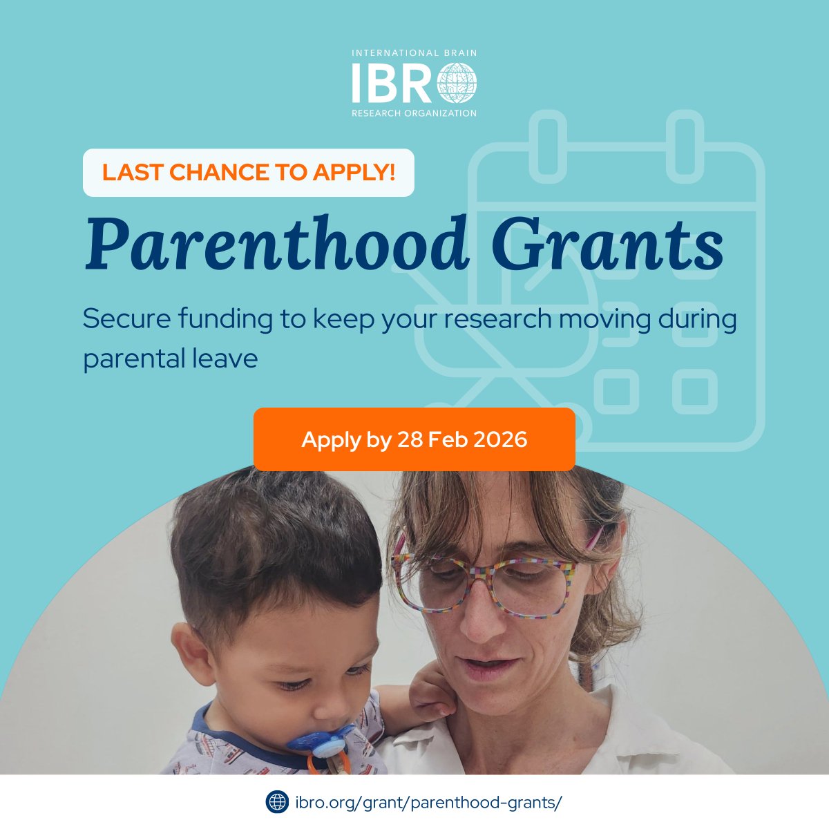 IBROorg's tweet photo. ⏰ Only a few days left!
Applications for IBRO Parenthood #Grants close 28 Feb 2026. Don’t miss your chance to get support to maintain your research during parental leave.

🔗 https://t.co/crq9DcvsQy 

#IBROinAsiaPacific #IBROinUSCanada #IBROinAfrica #IBROinLatAm #IBROinEurope https://t.co/dwZMqlWyzA