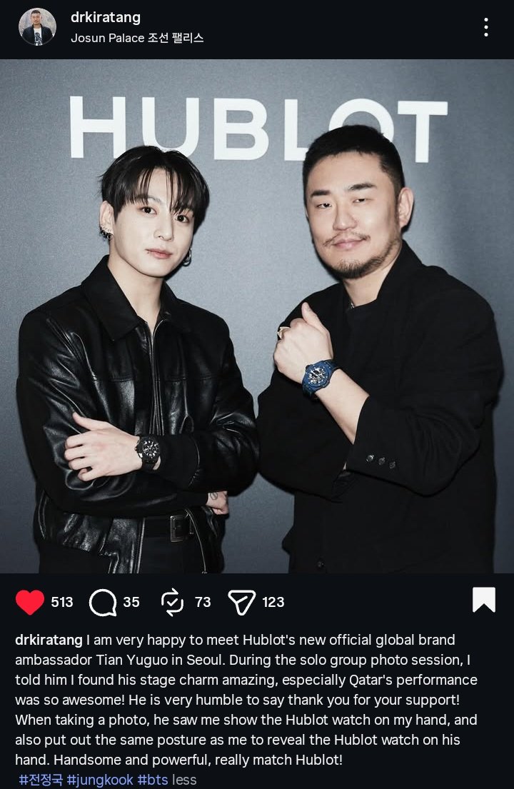 JJKHypeFeed's tweet photo. Journalist Kira Tang on meeting #JUNGKOOK at @Hublot’s event,

“..I was so happy to meet Hublot’s newly announced Global Brand Ambassador, Jungkook in Seoul. During the private meeting and photo session, I told him that I think his stage charisma is incredible, and that his + https://t.co/59B1NkCl5Z