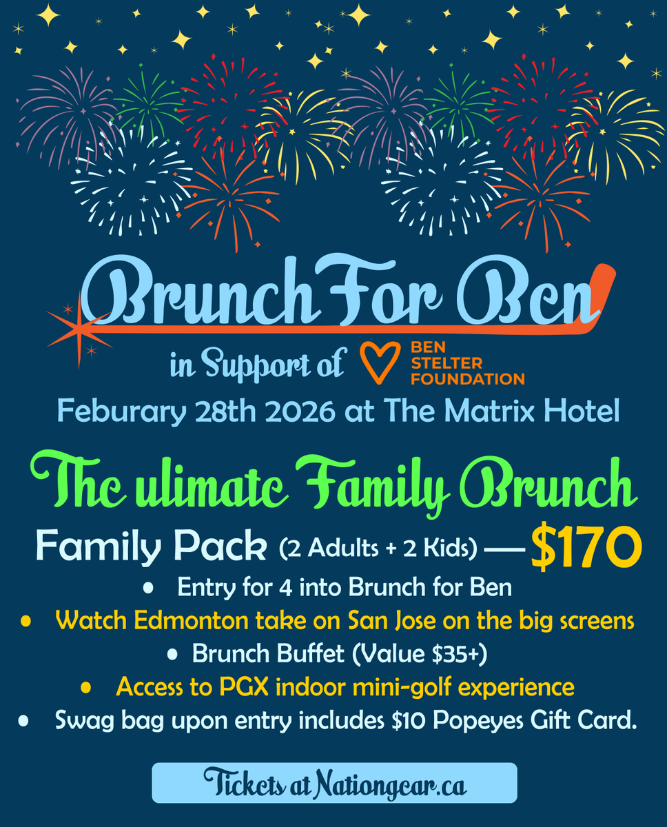 We added a Family Pack to make bringing the kids easier!  One simple price, instant savings, zero stress! 

All in support of the Ben Stelter Foundation! 

Visit Nationgear.ca and we'll see you at Brunch!