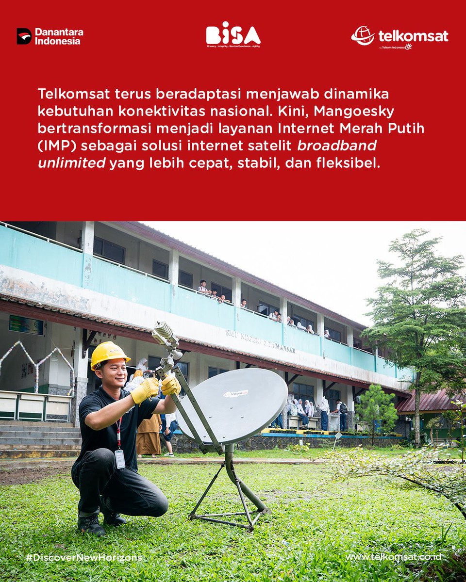 telkomsat's tweet photo. Telkomsat terus beradaptasi menjawab dinamika kebutuhan konektivitas nasional. Kini, Mangoesky bertransformasi menjadi layanan Internet Merah Putih (IMP) sebagai solusi internet satelit broadband unlimited yang lebih cepat, stabil, dan fleksibel.

Didukung teknologi High Throughput Satellite (HTS) dengan kecepatan hingga 50 Mbps, Internet Merah Putih hadir untuk menjangkau seluruh wilayah Indonesia, termasuk daerah terpencil.

Transformasi ini menjadi bagian dari komitmen Telkomsat dalam memperkuat pemerataan akses digital nasional secara berkelanjutan.

Selengkapnya : https://t.co/2Dk8Uar1Sv

#DiscoverNewHorizons