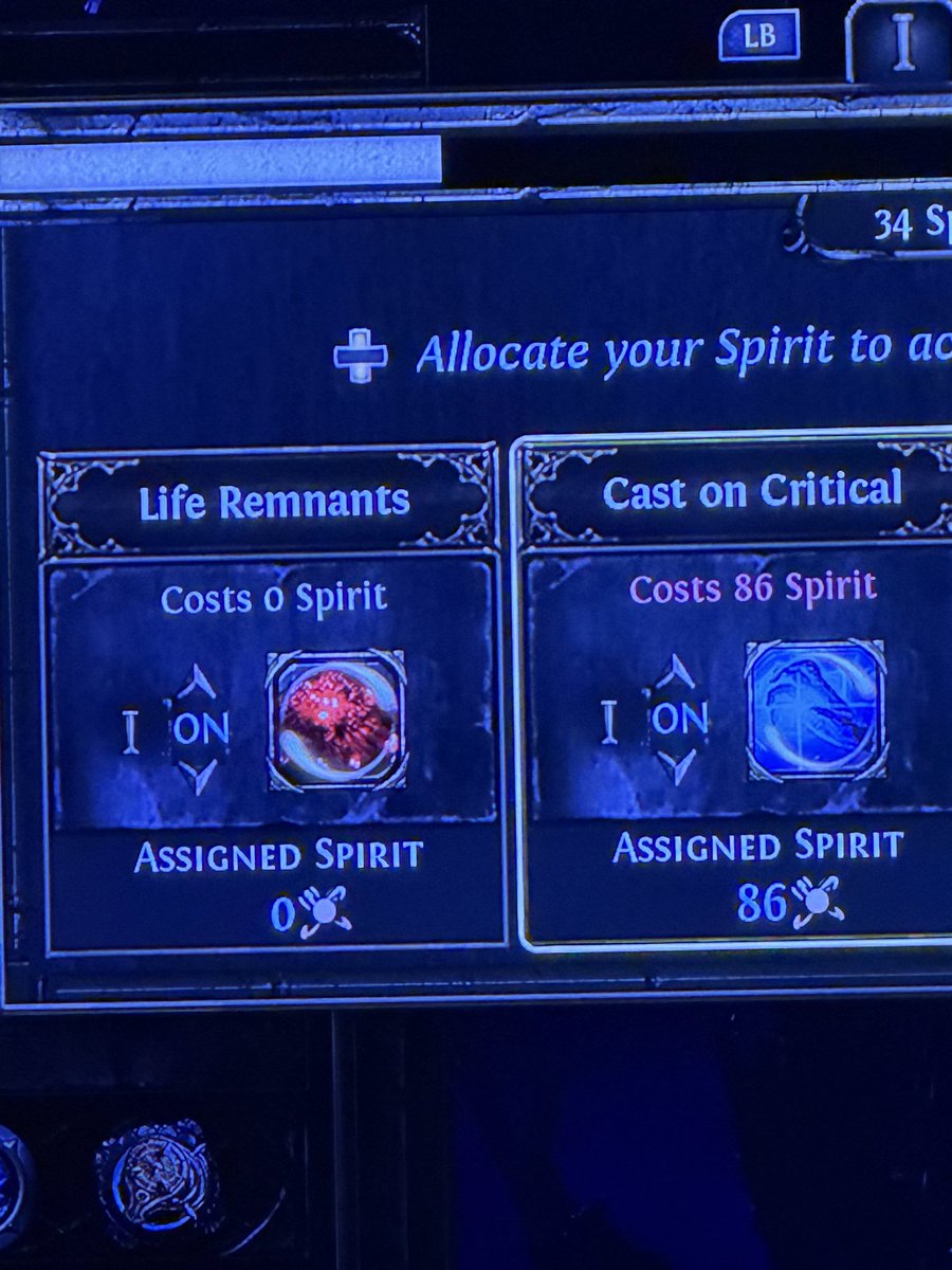 emcmack22's tweet photo. @pathofexile GGG team, I play PoE2 on console. My cast on critical isn’t working. I have plenty of spirit and nothing has changed with my gear. One picture is with it off and the second is when I turn the aura on, it turns red. Why????? https://t.co/2eCErcYsWx