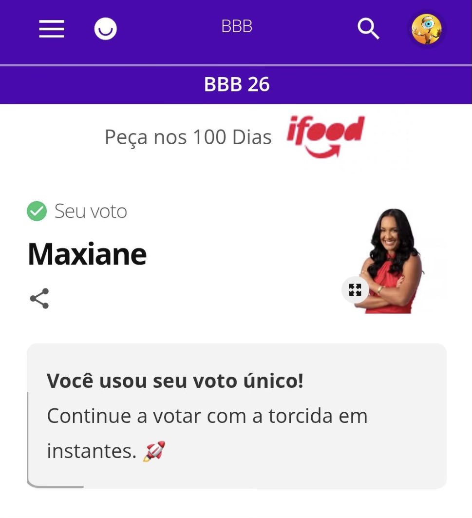 Fiz minha parte, #ForaMaxiane 

Não tenho nada contra ela desde a Casa de Vidro, mas me identifiquei muito mais com a Chai e minha conexão foi maior com ela durante o Quarto Branco por tudo que passamos também. #bbb26
