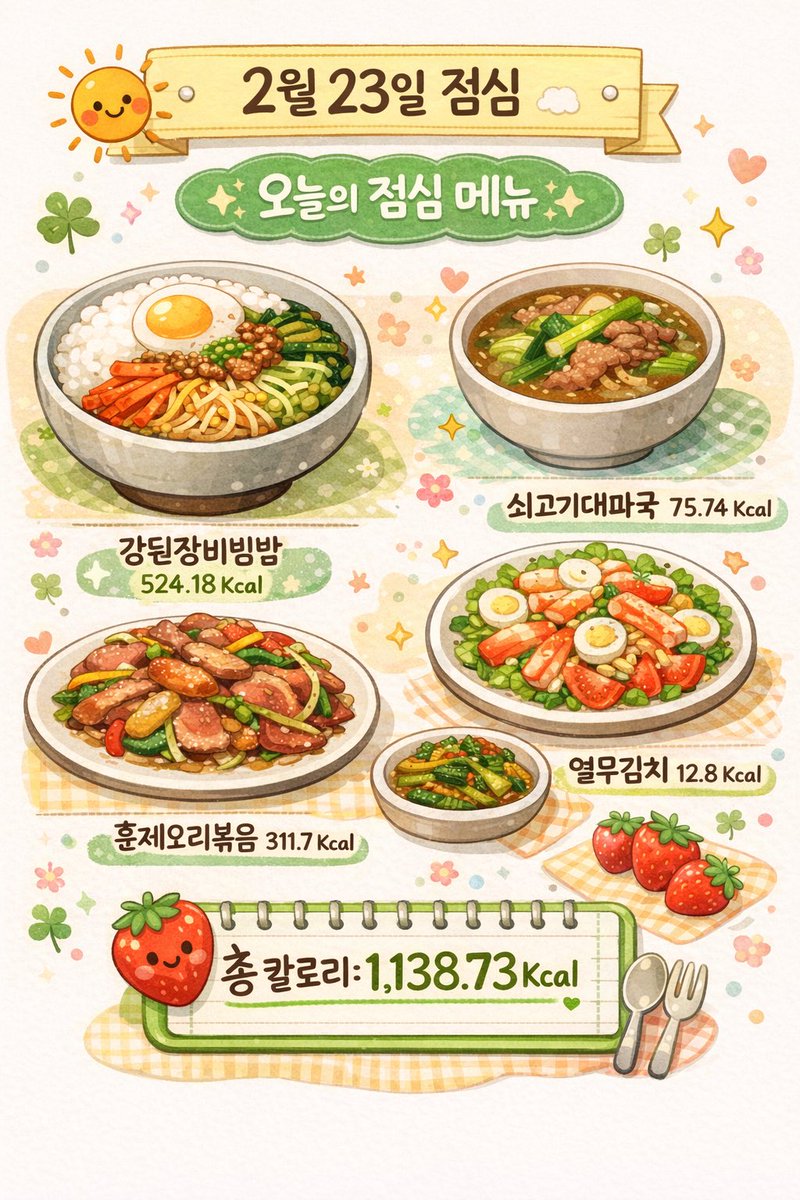 兔兔的萌萌食光🐰✨

🍛 午餐

🥘 浓酱拌饭— 524.18 Kcal
🥣 牛肉大葱汤 — 75.74 Kcal
🦆 炒烟熏鸭肉 — 311.7 Kcal
🥗 蟹味棒鹌鹑蛋沙拉 — 178.31 Kcal
🥬 嫩叶萝卜泡菜 — 12.8 Kcal
🍓 草莓 — 36 Kcal

✅ 总热量：1,138.73 Kcal

#토토의몽몽식시간 
#DOYOUNG #도영