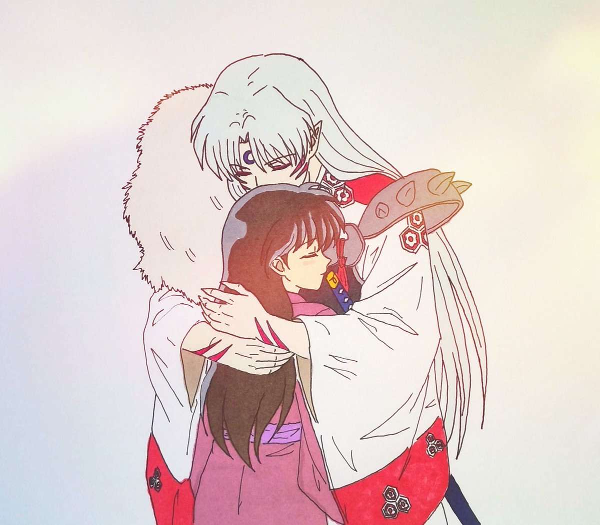 殺生丸様の身長が180 cmくらいで、りんちゃんが推定145〜150 cmくらいだから、
触れ合う時は基本的に殺生丸様が、かがんで合わせた姿勢になる。
端から見ると、やっぱり殺生丸様の方がりんちゃん大好き、みたいな構図になりがち。（実際そうなのだけど）
#SessRin