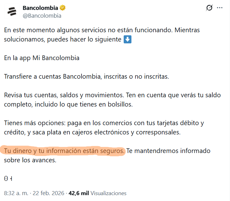 HectorJulioC's tweet photo. Tengo una duda, ¿cómo guardan tu dinero en el banco?, será más bien qué no se les ha borrado o corrompido la hoja de excel donde aparece el saldo de los usuarios. 😂,  #bancolombia https://t.co/gDbhnD6GUv
