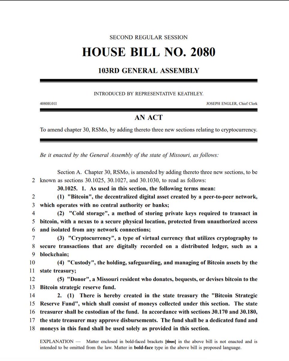 🚨 THIS IS MOVING FAST. 🇺🇸

MISSOURI’S BITCOIN STRATEGIC RESERVE BILL HB2080 HAS ENTERED HOUSE COMMERCE COMMITTEE REVIEW.

IF PASSED, THE STATE TREASURER CAN RECEIVE, INVEST IN, AND HOLD BITCOIN.

A US STATE IS FORMALLY CONSIDERING ADDING BITCOIN TO ITS BALANCE SHEET.