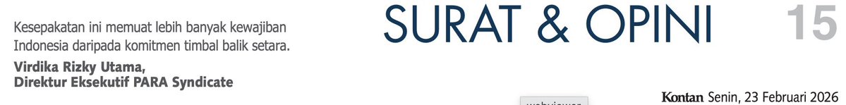 Artikel saya di <a href="/KontanNews/">KONTAN NEWS</a> menyoroti ekonomi politik perjanjian RI–AS. Intinya bukan tarif 19 persen, melainkan penyusutan ruang kebijakan, daya tawar, dan kedaulatan regulasi Indonesia.

insight.kontan.co.id/news/perjanjia…