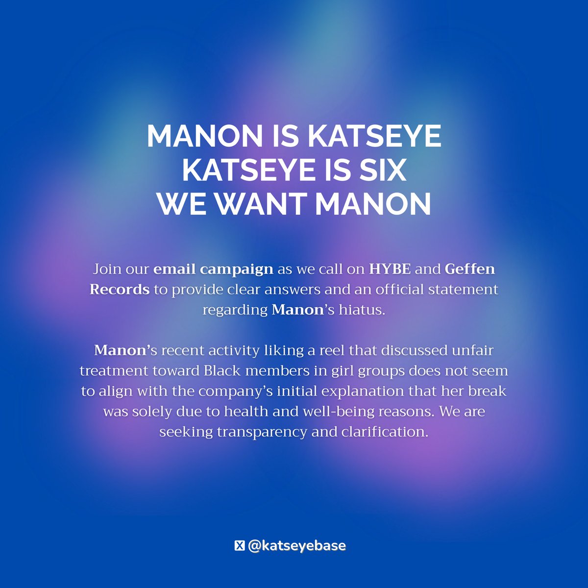 Join our EMAIL CAMPAIGN as we seek clarification from HYBE and Geffen Records. We need 100 EYEKONS to stand with us and take part in this campaign.

Template and Email here: docs.google.com/document/d/1hW…

Reply with “Done” with the phrase below once you’ve sent the email.

MANON IS