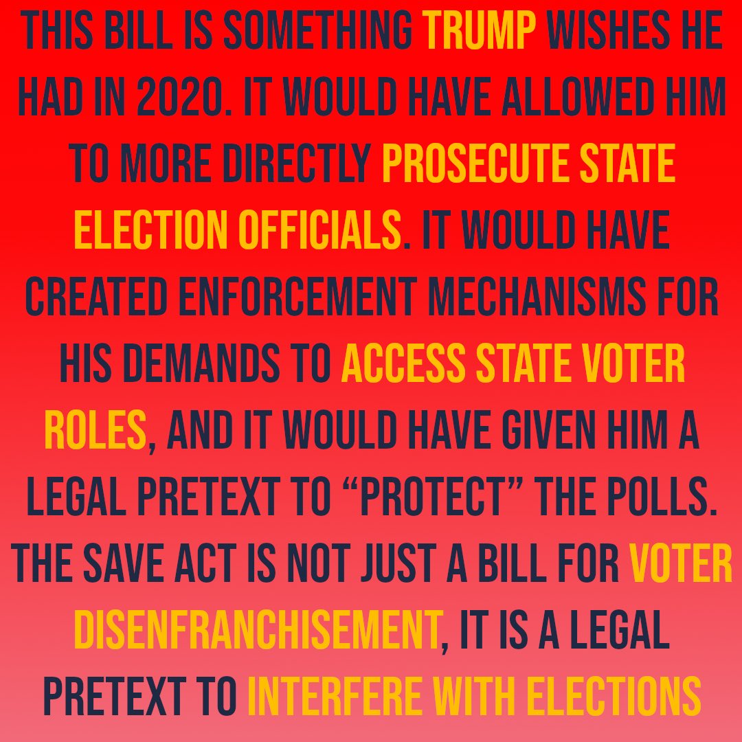 🚨 Vote NO on SAVE ACT! CONTACT YOUR SENATOR IMMEDIATELY! 🚨

The SAVE ACT is NOT just a bill for voter disenfranchisement, it IS a legal pretext to interfere with election that Trump deems “stolen”

🚨 URGENTLY CONTACT YOUR SENATOR TO VOTE NO! 🚨
Here -> digitalgroundgame.org/call-to-action