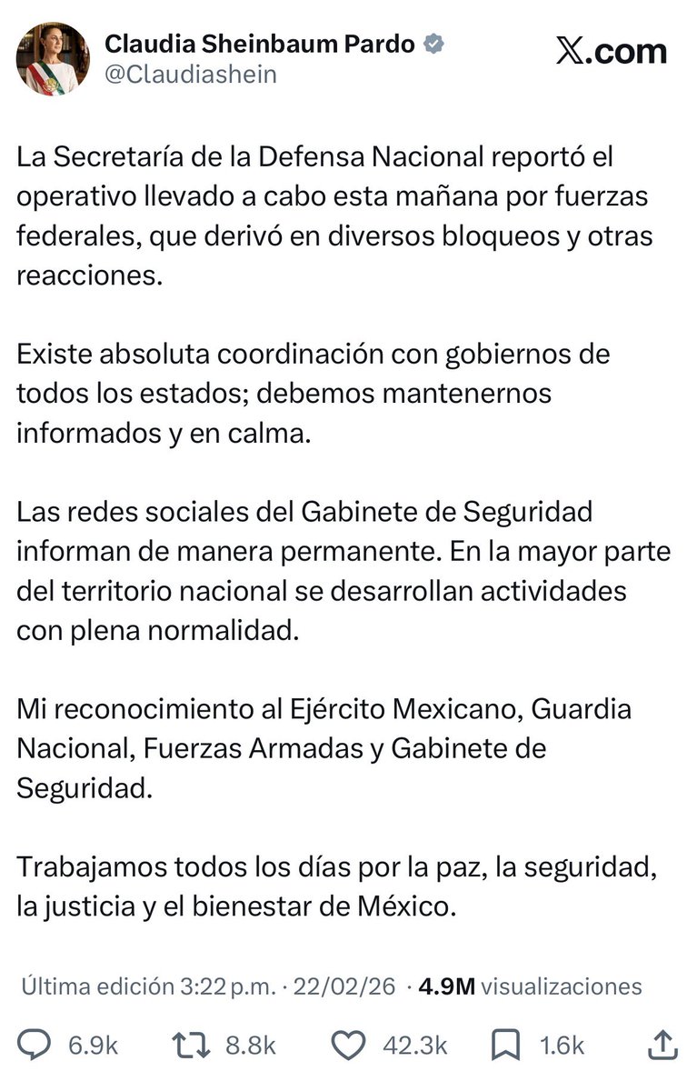 edusax79's tweet photo. Un presidente de verdad abriría de inmediato una transmisión en cadena nacional para dirigirse a la ciudadanía, para darle la cara, para darle certidumbre y mostrar su apoyo… hoy sólo se ha dedicado un tweet apoyando al ejército.

El peor día de @Claudiashein en toda su gestión. https://t.co/fShrspzlQ9