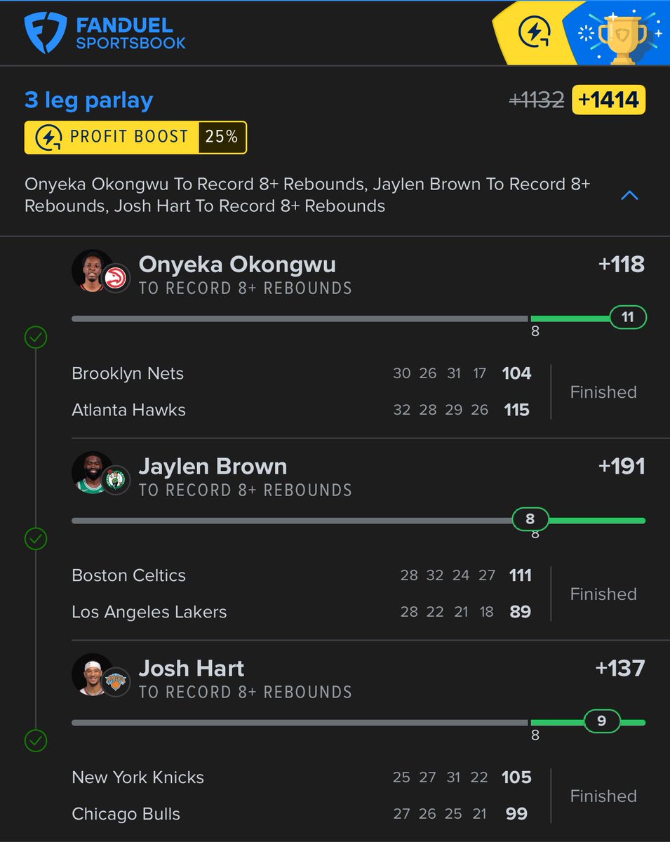 Board Men Pay 🤑🏀

It Was A Sweat At The End… 

But Cash the Rebs Lay in the Disc 😈 

Onyeka Okongwu +8 ✅
Jaylen Brown +8 ✅
Josh Hart +8 ✅

<a href="/SYNNER_CITY/">SYNNERS</a> <a href="/SynBets/">SYN</a>