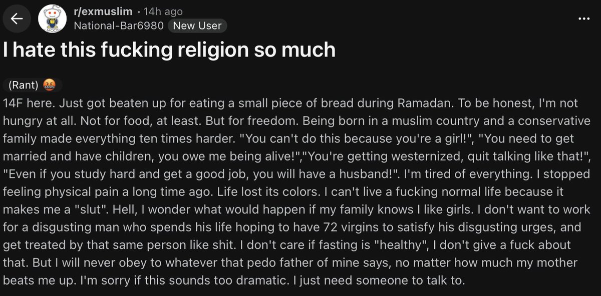 14 year old girl beaten for eating bread during Ramadan.

I'm not sorry that I don't want this in my country.