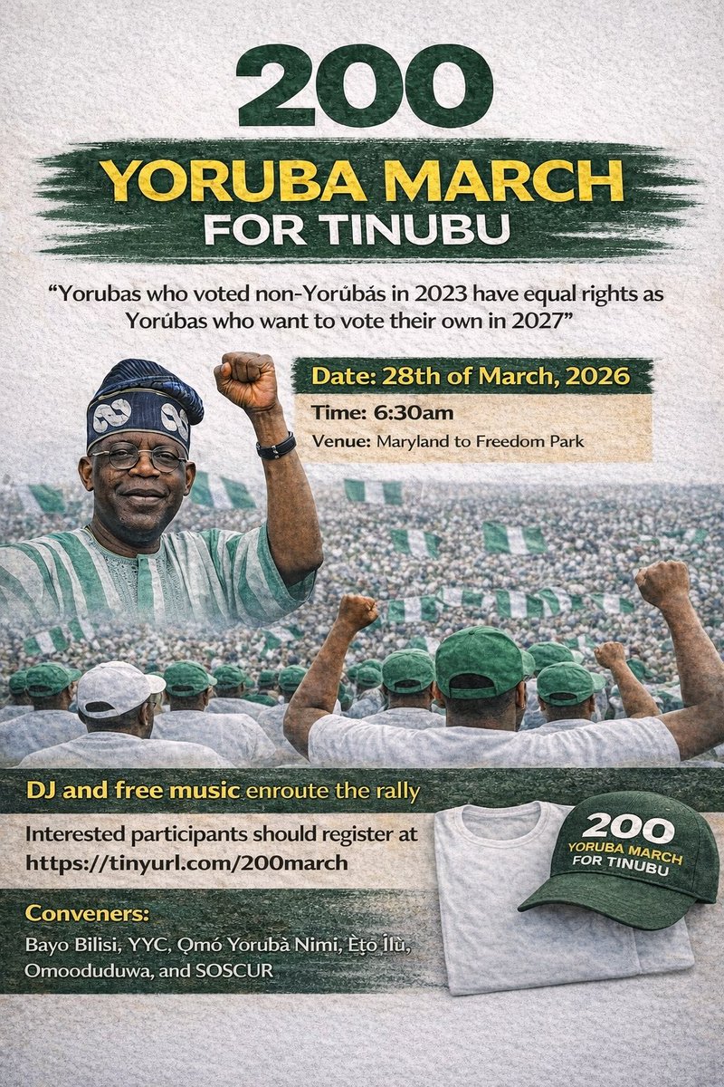 Bayo_Bilisi's tweet photo. Why was it normal for Atiku to win in Yobe? 

Why was it normal for Obi to win in Anambra?

Why was it normal for Jonathan to win in Bayelsa? 

But it is abnormal and inappropriate for Tinubu to win in Lagos.

When we March on 28th of March. We want Nigerians to tell us who made this rule.

This is a mini rally of only 200 people who want to make a statement.

Register and join us here: https://t.co/CTcyqKlgEy
