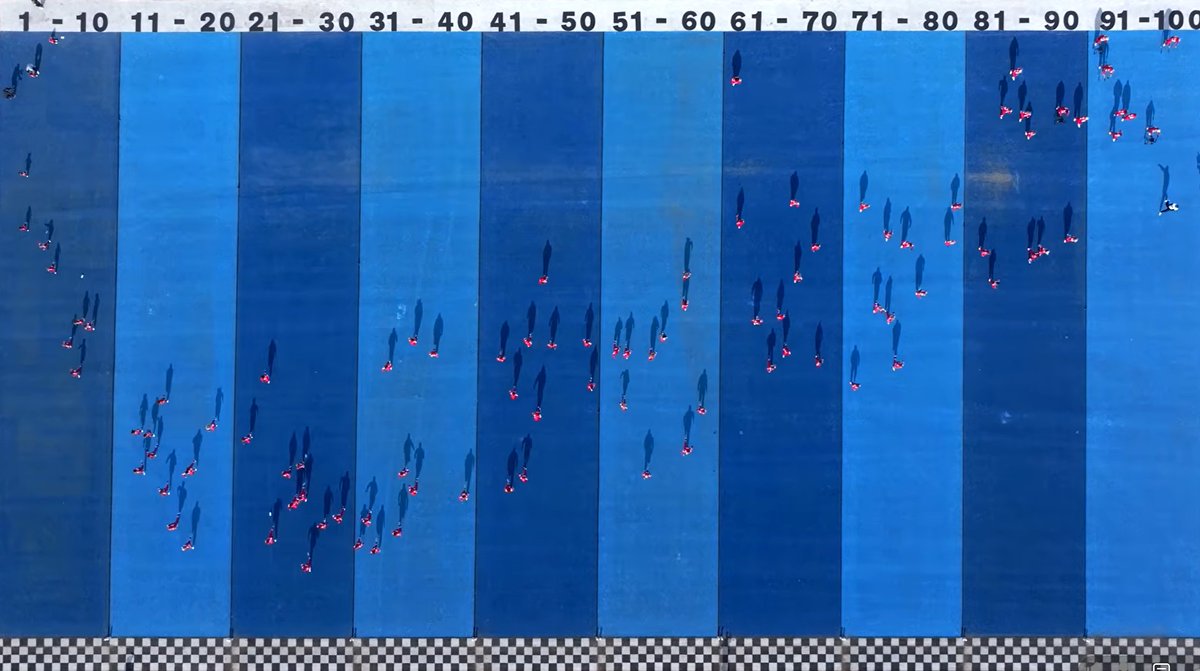In a recent video, Mr Beast lined up one person from each age (1 to 100) and had them race to a finish line. This overhead camera shot captured a nice visualisation of speed by age.