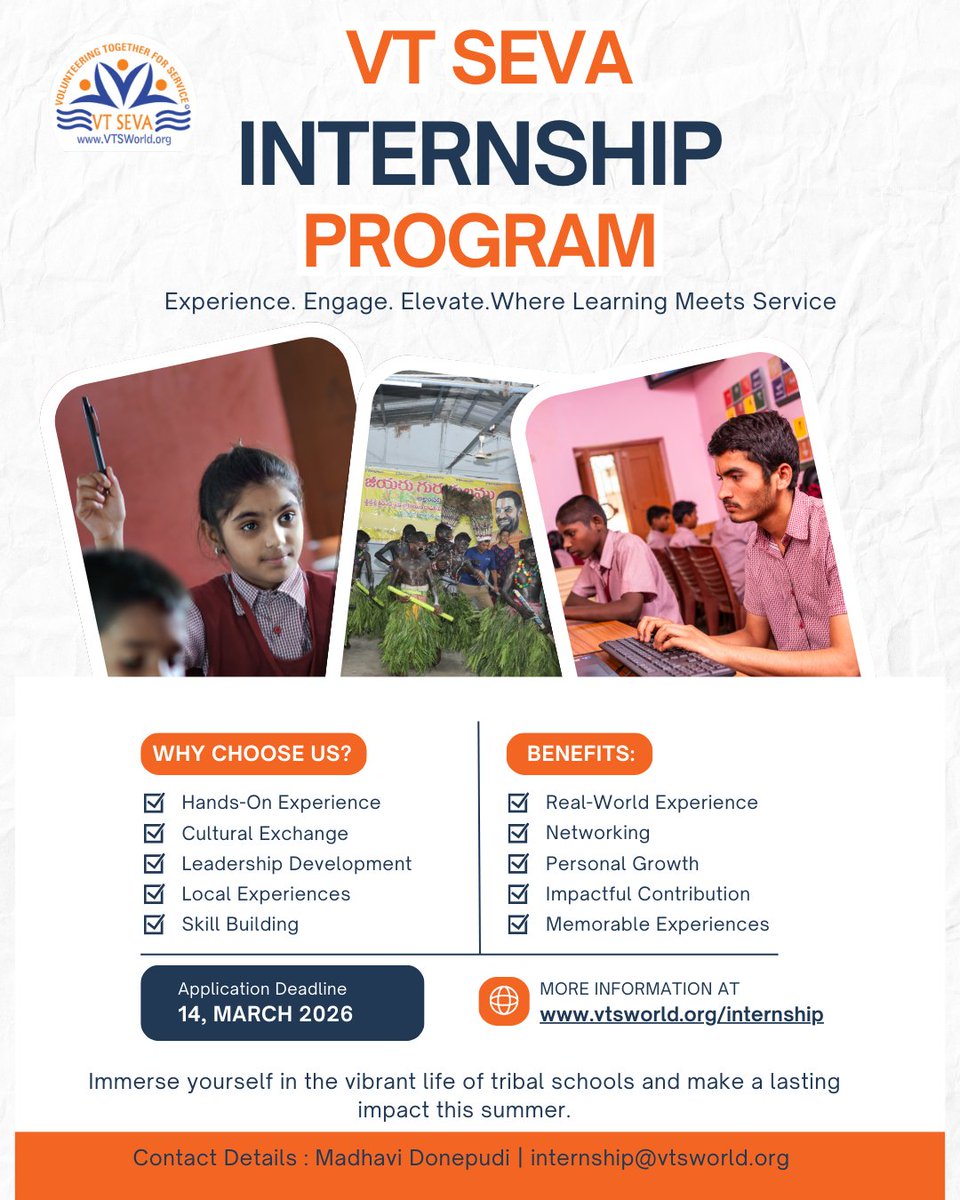 Tired of ordinary summers?
Join students worldwide to lead workshops, support tribal schools, earn certified volunteer hours, and create real impact while making lifelong friendships!
📅 June 28–July 10 | July 12–July 23
⏳ Apply by: March 14, 2026
💻 vtsworld.org/internship