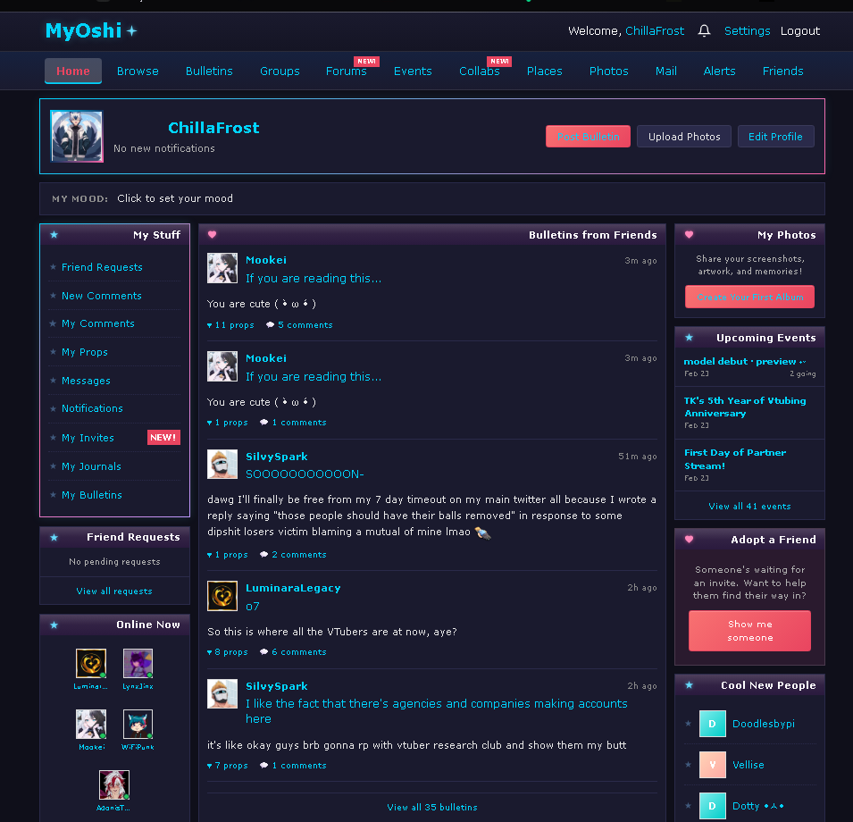 Well . . . I'm on <a href="/myoshi_co/">MyOshi</a> now! I think maybe I should adopt a few vtubers for #MyOshi Vtuber MySpace . . .