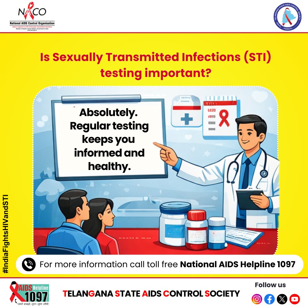 TGSACS1's tweet photo. Is STI testing important?
 Absolutely.
Regular testing keeps you informed and healthy.
For more information, call the National AIDS Helpline – 1097 (Toll Free)
#IndiaFightsHIVandSTI
#STITesting
#RegularTesting
#KnowYourStatus
#PreventSTIs
#HealthyChoices
#PublicHealth https://t.co/4ydxCesWZm