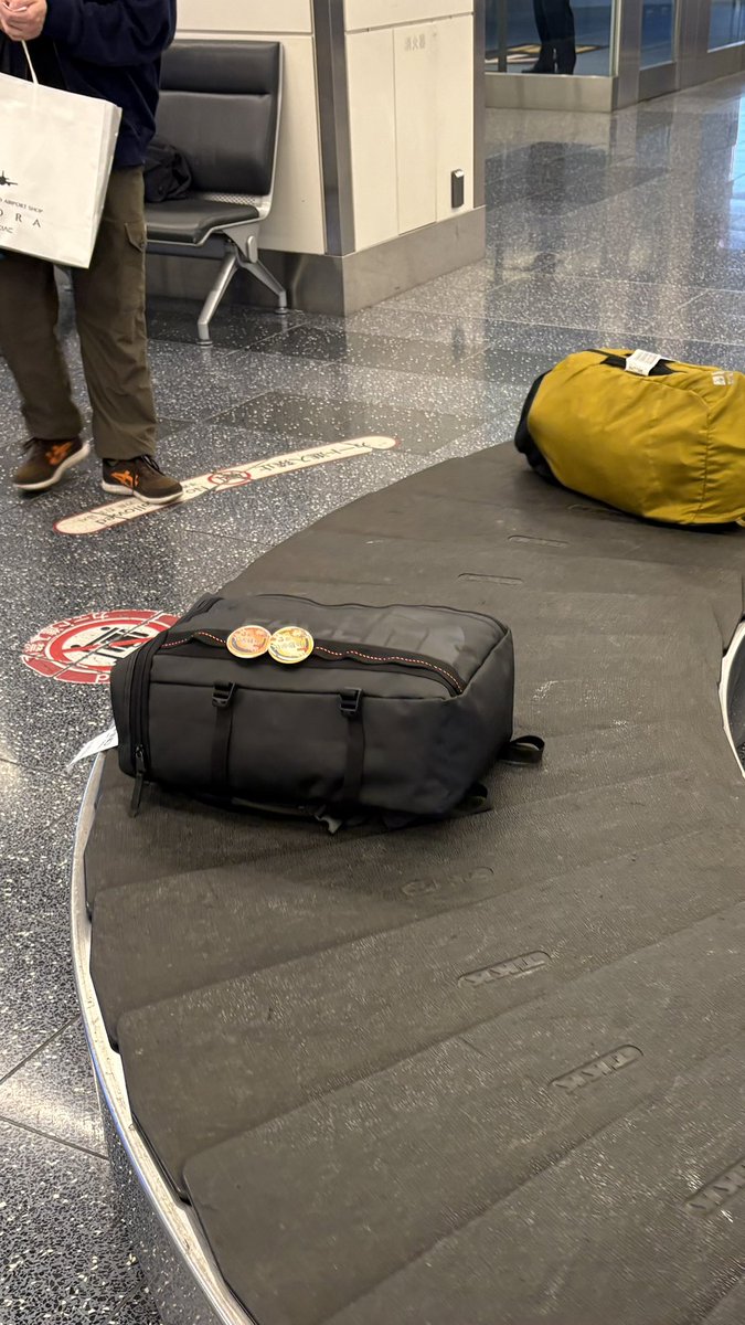 飛行機の荷物受け取りの時に見覚えのある缶バッチ発見🌻