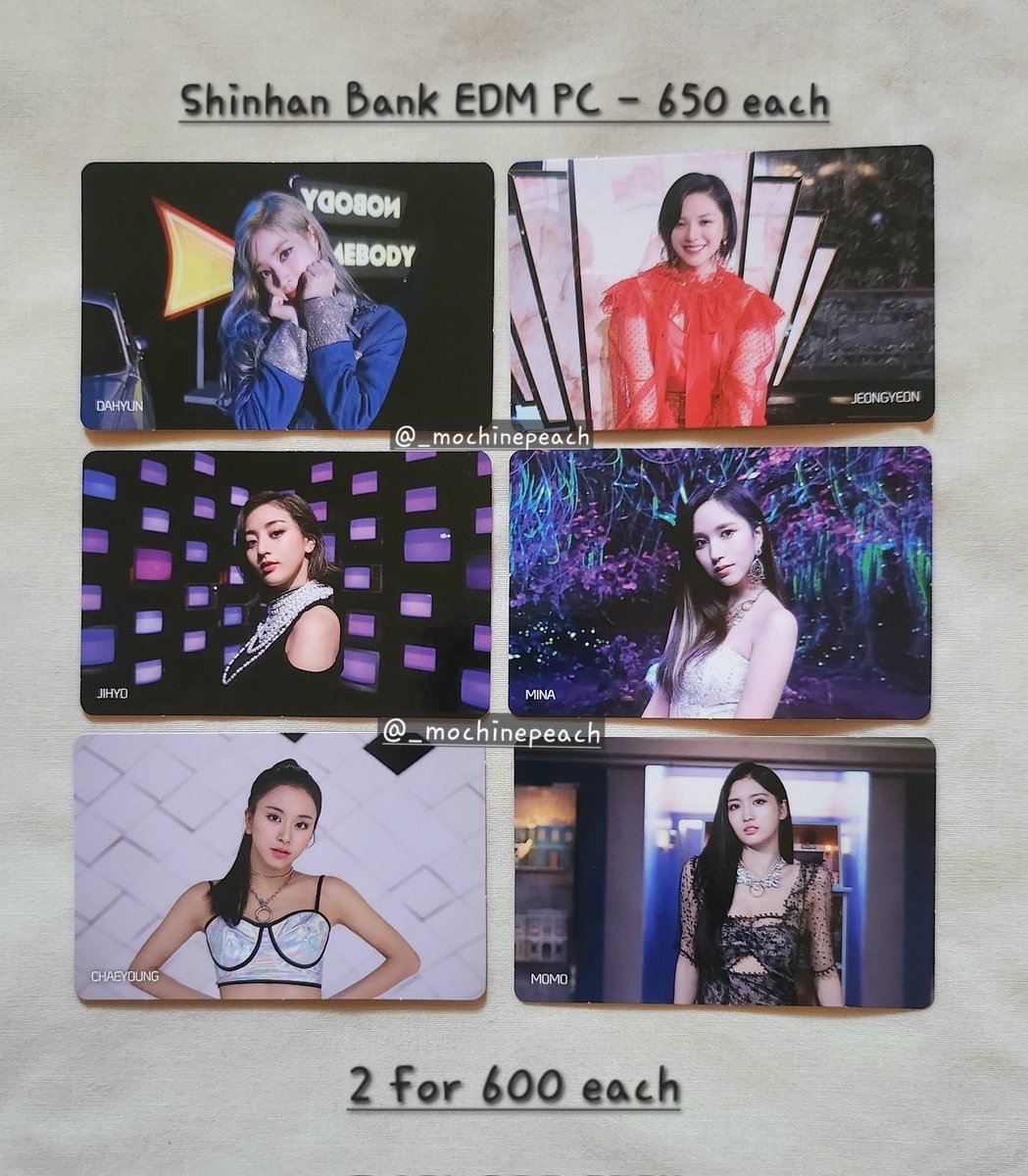 _mochinepeach's tweet photo. WTS | LFB | PH 💕 <thread>
 ╰ sparks twice photocards onhand ✨️ 

☆ shinhan bank edm pc
╰ payo | 2-week res.
╰ j&amp;t, ggx, sdd (Cavite)
╰ negotiable + discount if bulk

🍭#twice #트와이스 #nayeon #jeongyeon #momo #sana #jihyo #mina #dahyun #chaeyoung #tzuyu @JYPETWICE https://t.co/MqRfB2Vrsk