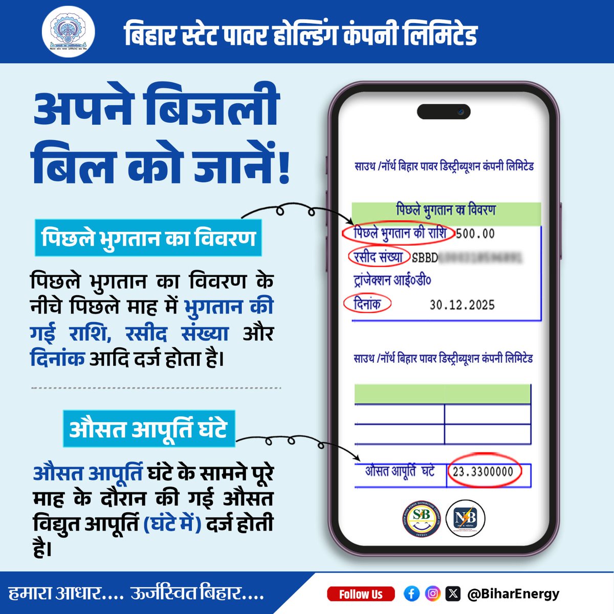 BiharEnergy's tweet photo. जानें आपके बिजली बिल में पिछले भुगतान के विवरण एवं औसत आपूर्ति घंटे में कौन सी जानकारी अंकित होती है।
@IPRDBihar @EnergyBihar @SEVA_NBPDCL
@SEVA_SBPDCL
#KnowYourBill #ElectricityBill #ConsumerAwareness
#UnderstandingUtility #SPM #SuvidhaApp https://t.co/6yTVk80NFr