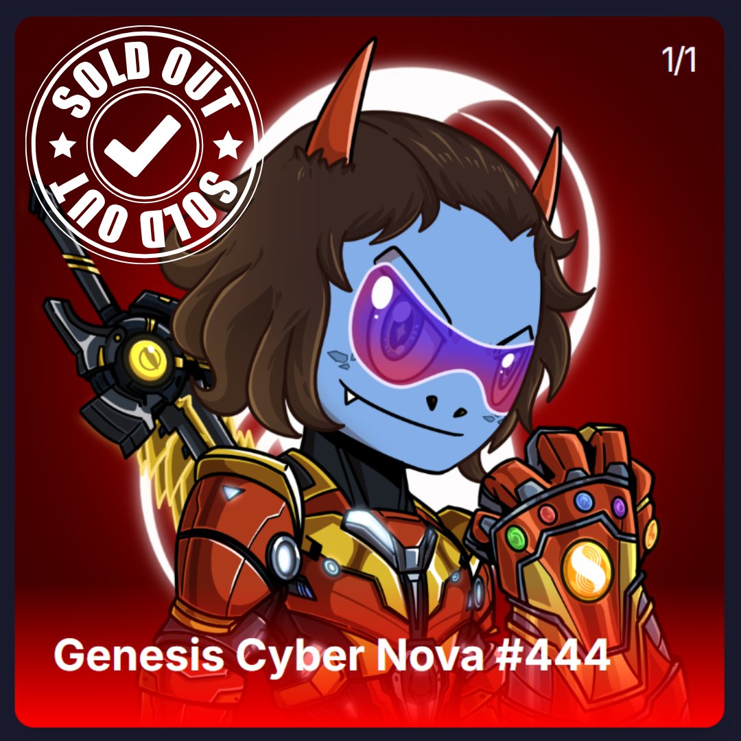 ⚠️ <a href="/JoshuaTobkin/">Josh Tobkin (SUPRA)</a> of the NOVA Tier is now fully minted. 👽

Genesis Cyber Nova #444 has been claimed.
Another alien presence awakened within the Genesis line.
—————
Only 2 Nova remain, drifting in the cosmic supply.🛸
Cosmic link established. 🪐

Beep Beep 🖖
#CyberNova #Supra