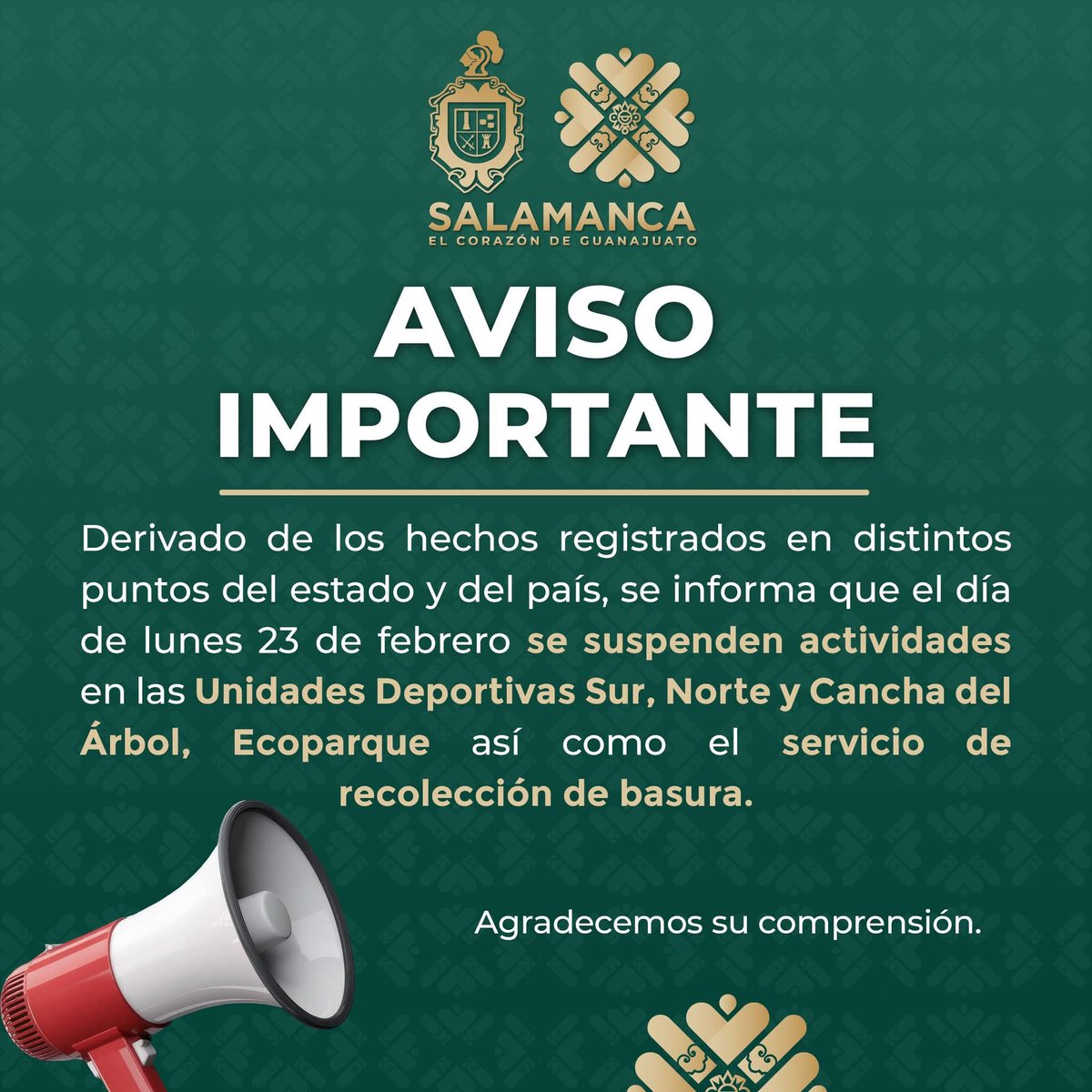 TulyEscobar's tweet photo. AVISO IMPORTANTE
Con el firme compromiso de salvaguardar la seguridad y el bienestar de la ciudadanía, el gobierno de Salamanca informa lo siguiente: https://t.co/3C7kNBnvT3