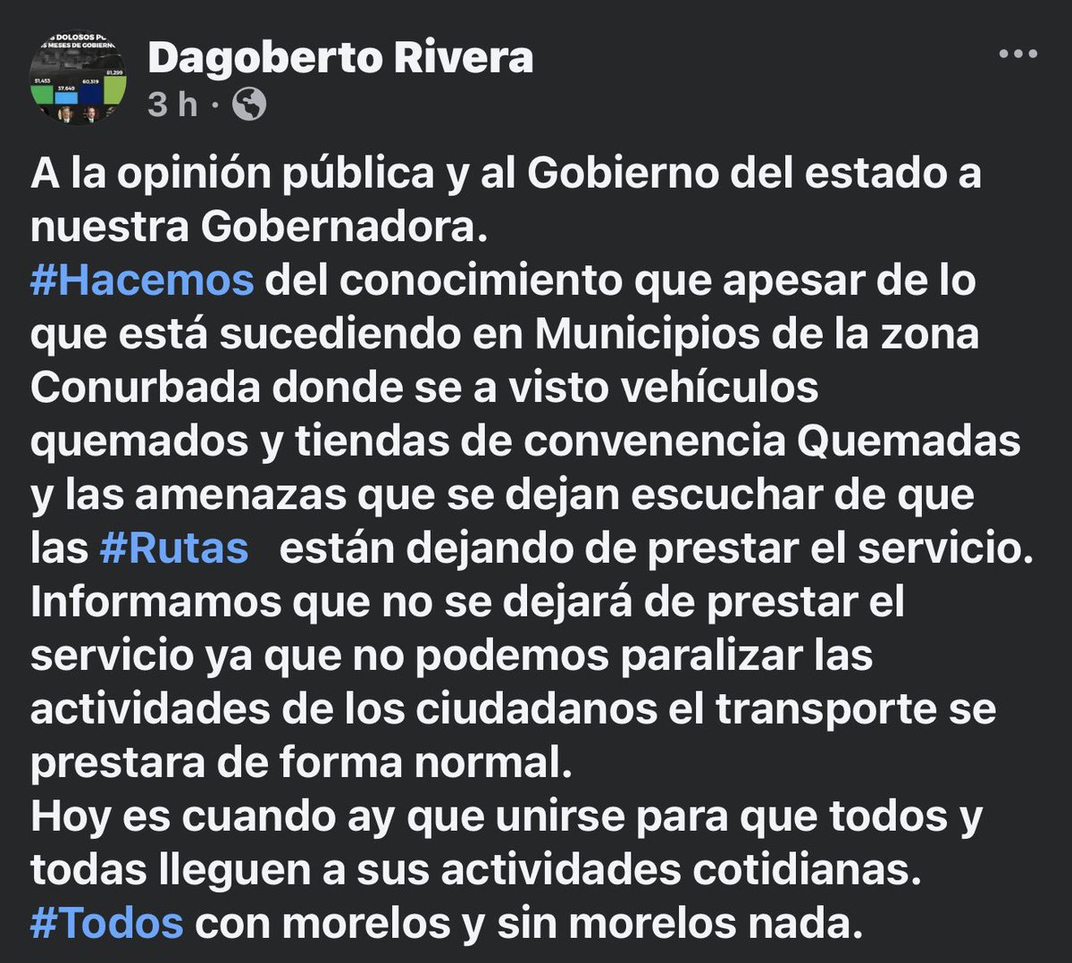 🔴 ¡EL TRANSPORTE PÚBLICO NO SUSPENDERÁ EL SERVICIO EN MORELOS!

Dagoberto Rivera Jaimes, líder de la FAT, aseguró que el transporte seguirá operando con normalidad, pese a los hechos delictivos en algunos municipios.

#Morelos #Cuernavaca #Jiutepec